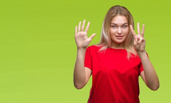 Jonge Kaukasische Vrouw Geïsoleerde Achtergrond Weergeven Met Vingers Omhoog Nummer — Stockfoto