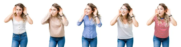 Collage Joven Hermosa Rubia Sobre Fondo Aislado Tratando Escuchar Ambas — Foto de Stock