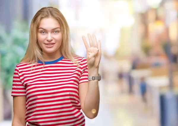 Молодая Белая Женщина Изолированном Фоне Показывает Показывает Пальцами Номер Четыре — стоковое фото