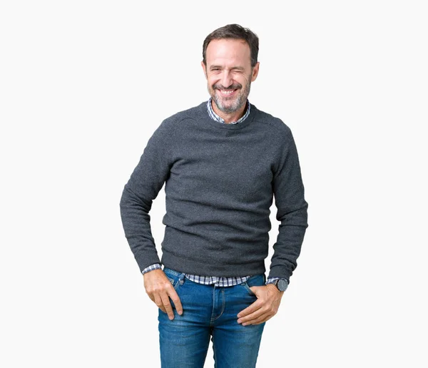 Handsome Middle Age Senior Man Wearing Sweater Isolated Background Winking — Stock Photo, Image