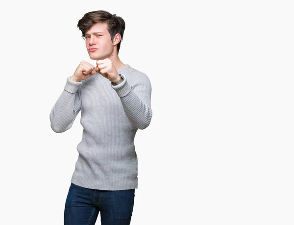 Junger Gutaussehender Mann Der Winterpullover Über Isoliertem Hintergrund Trägt Und — Stockfoto