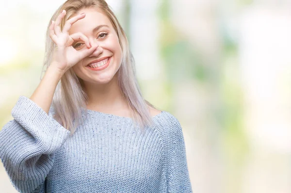 Mujer Rubia Joven Vistiendo Suéter Invierno Sobre Fondo Aislado Haciendo —  Fotos de Stock