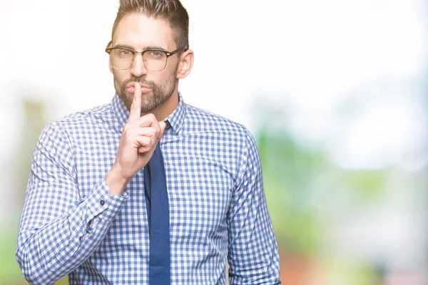 Young Business Man Wearing Glasses Isolated Background Asking Quiet Finger — Stock Photo, Image