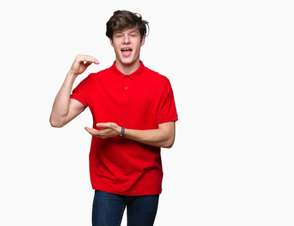 Homem Bonito Jovem Vestindo Camiseta Vermelha Sobre Fundo Isolado Gesto — Fotografia de Stock