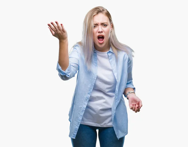 Young Blonde Woman Isolated Background Angry Mad Raising Fist Frustrated — Stock Photo, Image