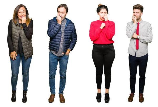 Colagem Pessoas Sobre Fundo Isolado Branco Olhando Estressado Nervoso Com — Fotografia de Stock