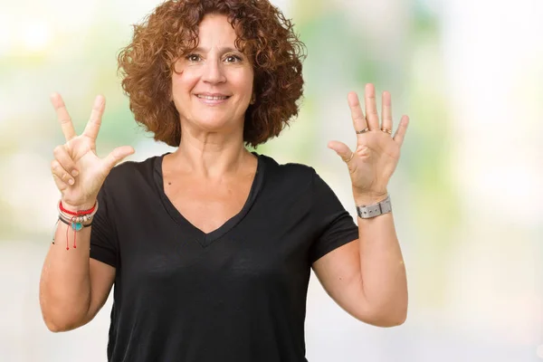 Mooie Midden Ager Senior Vrouw Geïsoleerde Achtergrond Weergeven Met Vingers — Stockfoto