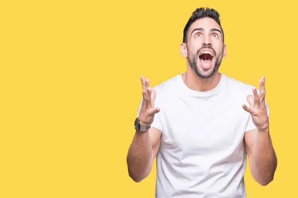 Hombre Joven Con Camiseta Blanca Casual Sobre Fondo Aislado Loco — Foto de Stock