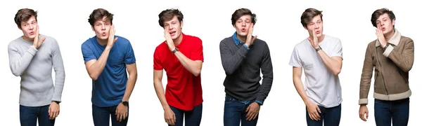 Collage Von Jungem Mann Über Weißem Isoliertem Hintergrund Hand Mund — Stockfoto