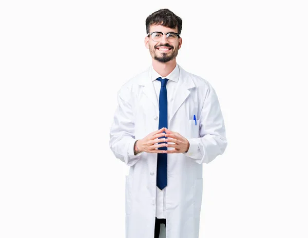 Der Junge Wissenschaftler Trägt Einen Weißen Mantel Über Isolierten Hintergrundhänden — Stockfoto