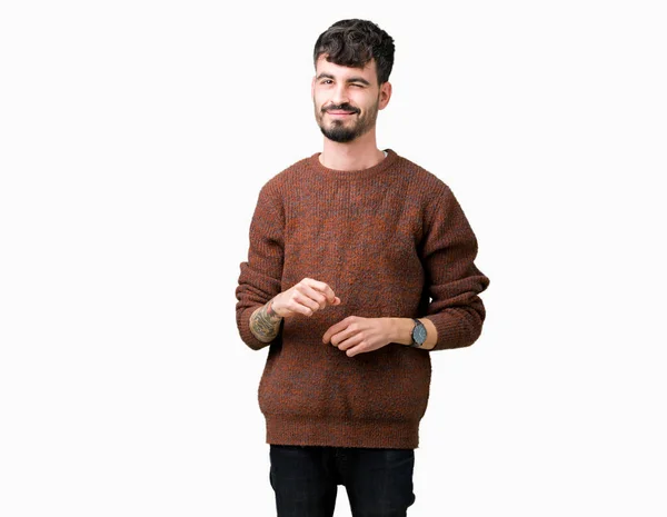 Giovane Bell Uomo Che Indossa Maglione Invernale Sfondo Isolato Ammiccando — Foto Stock