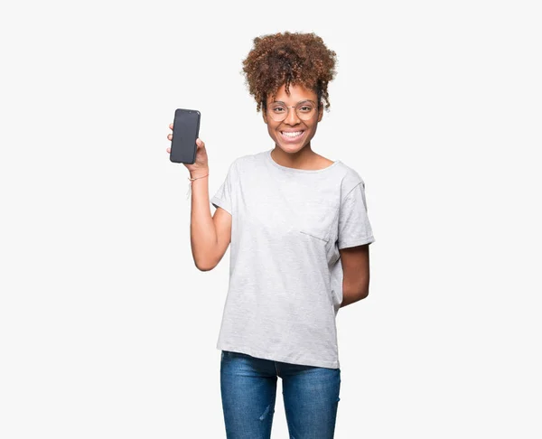 Jovem Afro Americana Mostrando Tela Smartphone Sobre Fundo Isolado Com — Fotografia de Stock