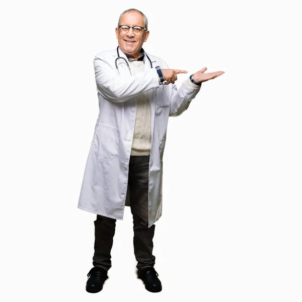 Handsome Senior Doctor Man Wearing Medical Coat Amazed Smiling Camera Stock Photo