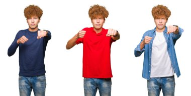 İzole beyaz zemin kum yumruk dövüşü, saldırgan ve kızgın saldırı, tehdit ve şiddet üzerine farklı giyen genç adam kolaj görünüyor