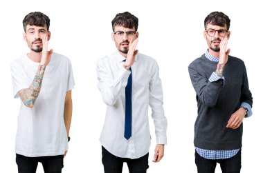 Kolaj gencin kötü amaçlı konuşma konuşma fısıldayan izole arka plan el gizli söylenti söylüyor ağzına üzerinde