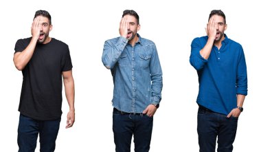 El yüz ve sürpriz duygu kendinden emin gülümseme ile tek gözüyle kapsayan beyaz izole arka plan yakışıklı adam kolaj.