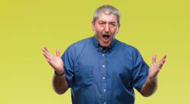 Deli kutluyor ve silah ile başarı için heyecanlı çığlık kaldırdı ve açık gözleri hayret izole arka plan üzerinde yakışıklı komuta sizde. Kazanan kavramı