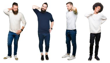 Kolaj bir grup genç adam beyaz izole üzerinde elle, kas ağrısı boyun dokunmadan acı boyun ağrısı yaralanma, arka plan
