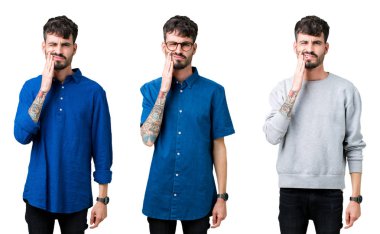 Kolaj gencin acı ifadesi ile el ile ağız diş ağrısı veya dişlerde dişlerle ilgili hastalık nedeniyle dokunmadan izole arka plan üzerinde. Diş hekimi kavramı.