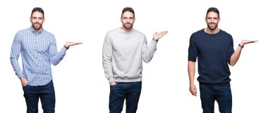 Yakışıklı iş adamı neşeli sunulması ve kameraya bakarak avucunun ile işaret gülümseyen izole beyaz zemin üzerine kolaj.