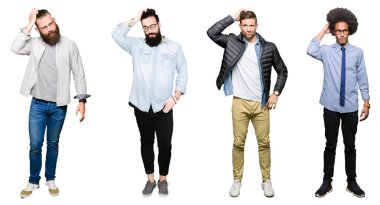 Kolaj bir grup genç adam beyaz izole arka plan üzerinde yanıltır ve soru hakkında merak ediyorum. Şüphe, kafasına el ile düşünme ile belirsiz. Dalgın kavramı.