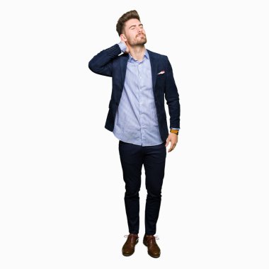 Genç yakışıklı bussines elle, kas ağrısı boyun dokunmadan acı boyun ağrısı yaralanma, dostum