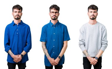 Kolaj izole arka plan şüpheci ve sinir, papatyanın üzgün sorun nedeniyle genç adam. Negatif kişi.