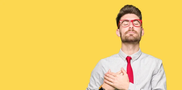 Young Handsome Business Man Wearing Glasses Smiling Hands Chest Closed — Stock Photo, Image