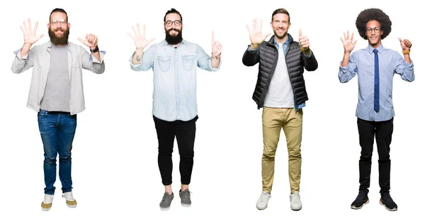 Коллаж Группы Молодых Людей Белом Изолированном Фоне Показывая Показывая Пальцами — стоковое фото
