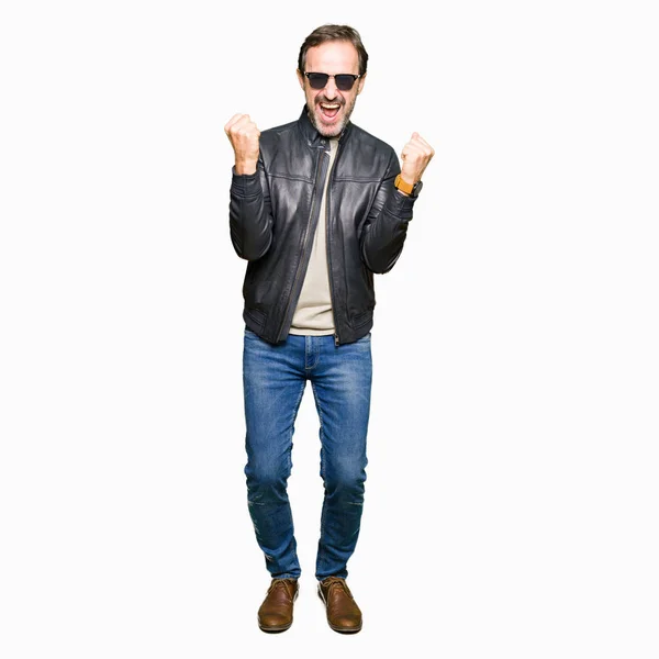 Middle Age Handsome Man Wearing Sunglasses Black Leather Jacket Celebrating — Stock Photo, Image