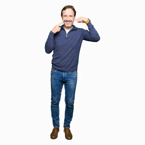 Middle Age Handsome Man Wearing Sweater Smiling Confident Showing Pointing — Stock Photo, Image