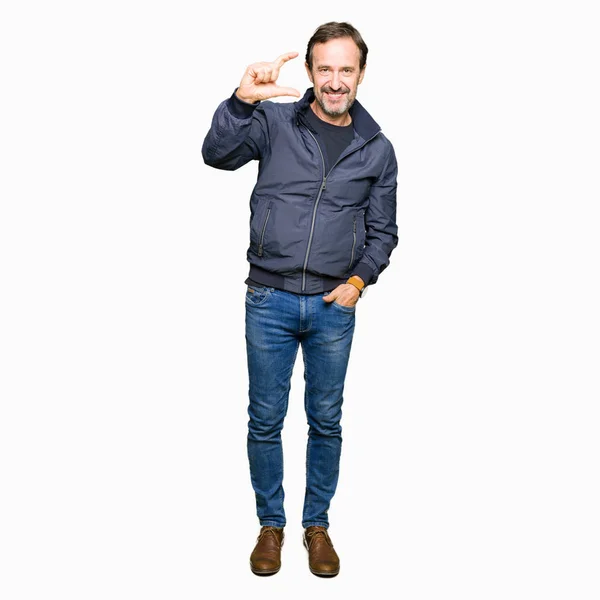 Middle Age Handsome Man Wearing Jacket Smiling Confident Gesturing Hand — Stock Photo, Image