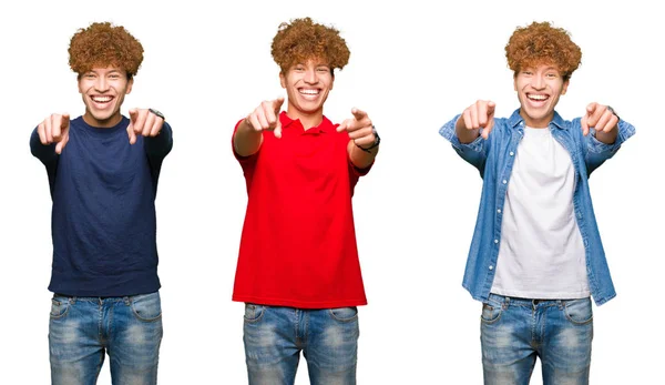 Collage Hombre Joven Con Diferentes Miradas Sobre Fondo Blanco Aislado —  Fotos de Stock