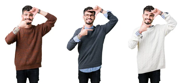 年轻男子穿着一件毛衣在孤立的背景微笑的框架与手和手指与快乐的脸拼贴 创意和摄影理念 — 图库照片
