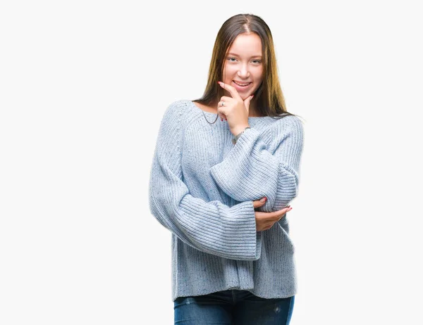 Joven Hermosa Mujer Caucásica Con Suéter Invierno Sobre Fondo Aislado — Foto de Stock