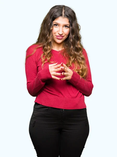 Jovem Mulher Bonita Vestindo Camisola Vermelha Mãos Juntas Dedos Cruzados — Fotografia de Stock