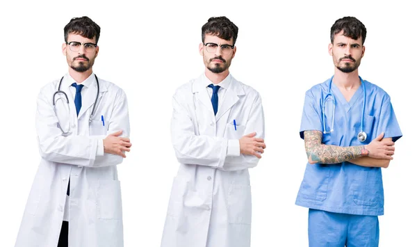 Collage Medico Che Indossa Cappotto Medico Sfondo Isolato Scettico Nervoso — Foto Stock