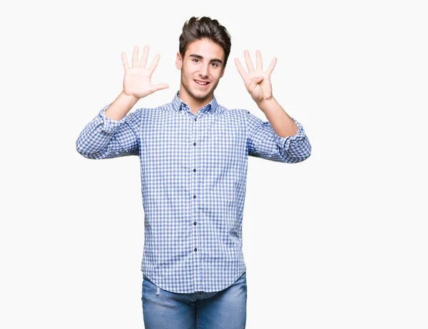 Молодий Красивий Бізнесмен Над Ізольованим Тлом Показуючи Вказуючи Пальцями Номер — стокове фото