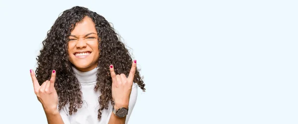 Young Beautiful Woman Curly Hair Wearing Turtleneck Sweater Shouting Crazy — Stock Photo, Image