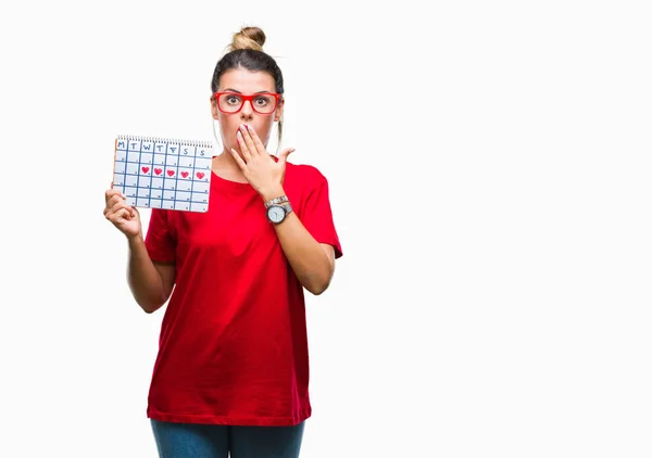 Jonge Mooie Vrouw Houdt Van Menstruatie Kalender Geïsoleerde Achtergrond Dekking — Stockfoto