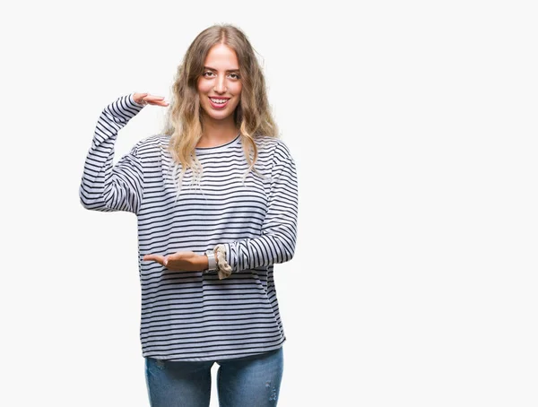 Beautiful Young Blonde Woman Wearing Stripes Sweater Isolated Background Gesturing — Stock Photo, Image