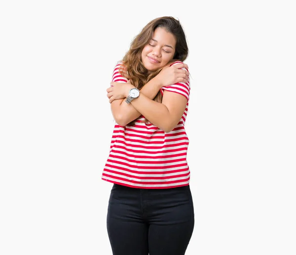 Young Beautiful Brunette Woman Wearing Stripes Shirt Isolated Background Hugging — Stock Photo, Image