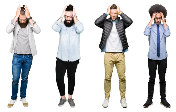 Collage Van Groep Jonge Mannen Witte Geïsoleerde Achtergrond Gevoel Onwel — Stockfoto