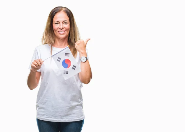 Mujer Hispana Mediana Edad Sosteniendo Bandera Corea Del Sur Sobre — Foto de Stock