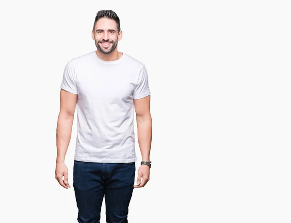 Ung Man Bär Casual Vit Shirt Över Isolerade Bakgrund Med — Stockfoto