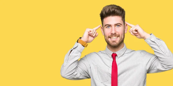 Young Handsome Business Man Smiling Pointing Head Both Hands Finger — Stock Photo, Image
