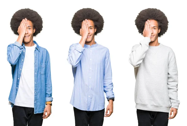 Collage Ung Man Med Afro Hår Över Vit Isolerade Bakgrund — Stockfoto