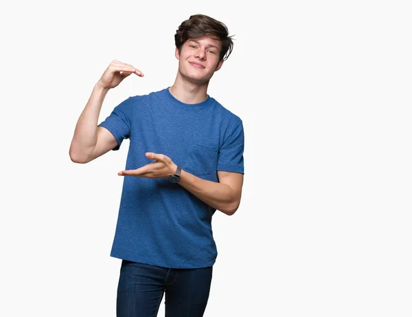 Homem Bonito Jovem Vestindo Camiseta Azul Sobre Fundo Isolado Gesto — Fotografia de Stock