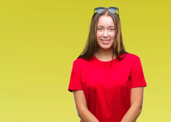 Giovane Bella Donna Caucasica Indossa Occhiali Sole Sfondo Isolato Con — Foto Stock