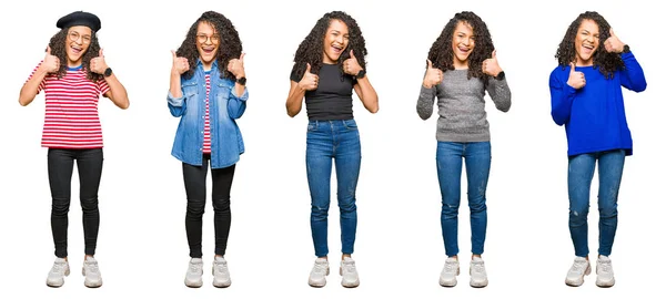 Collage Beautiful Young Woman Curly Hair White Isolated Background Success — Stock Photo, Image